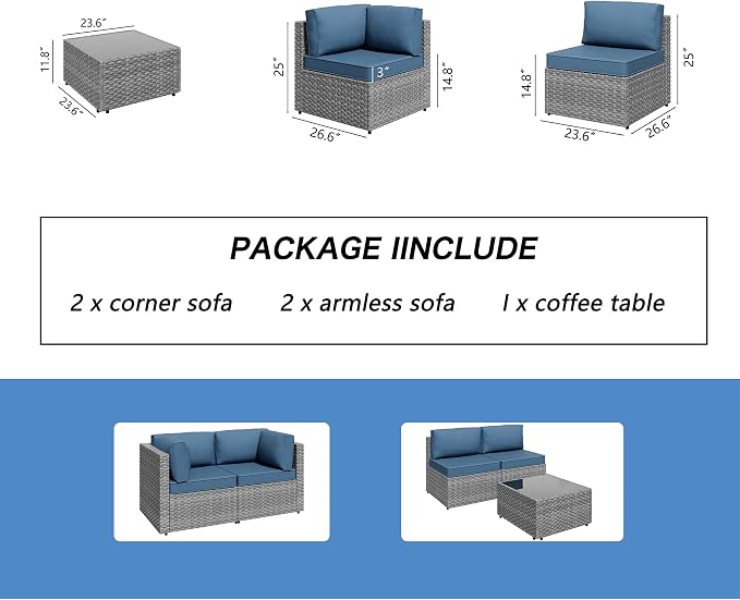 Shintenchi 5 Pieces Outdoor Patio Furniture Sets, Patio Sectional Sofa Couch - Image 6