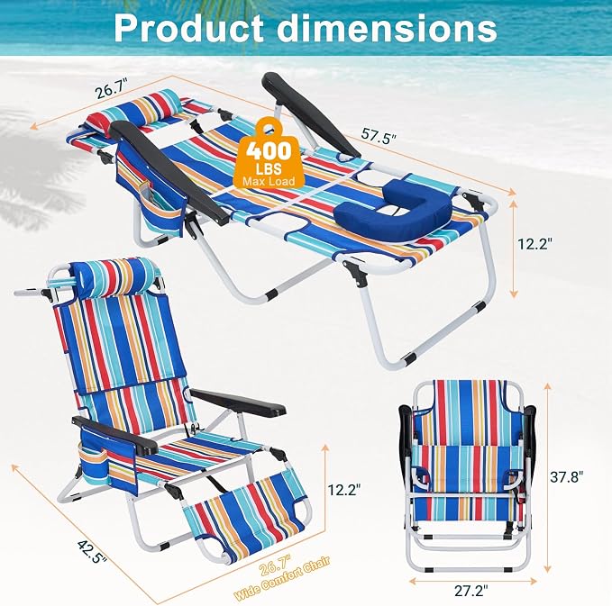ABORON Tanning Chair with Face Hole, 5-Position Adjustable Reclining Beach - Image 3