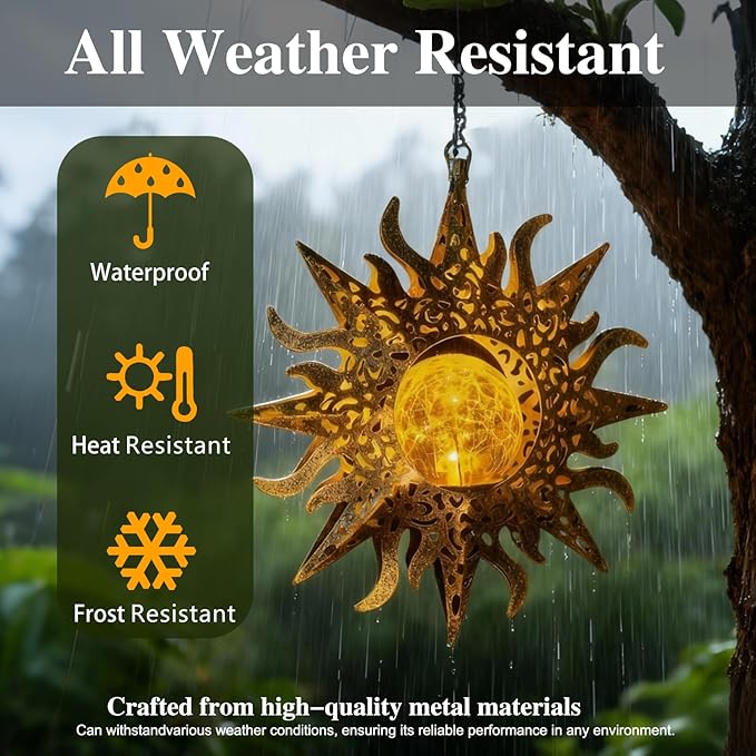 2 Pack Garden Decor Hanging Lanterns Outdoor Waterproof, Solar Lights Metal Sun - Image 6