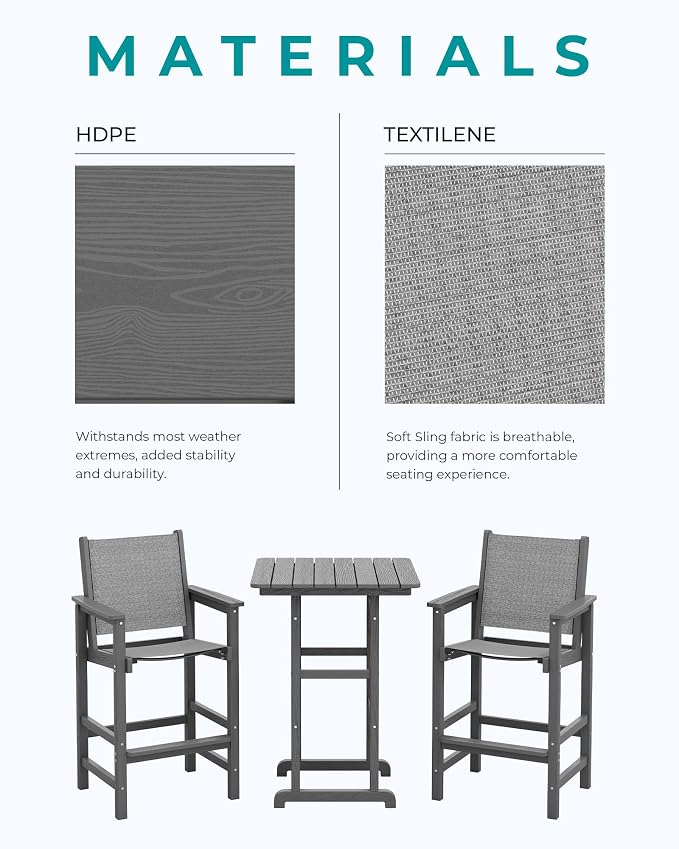 SERWALL 3 Pieces Textilene Adirondack Bar Set, Tall Adirondack Bar Height Chairs - Image 6