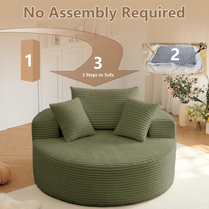Oversized Round Chair Lounge Chaise Indoor, Upholstered Corduroy Deep Seat - Image 6