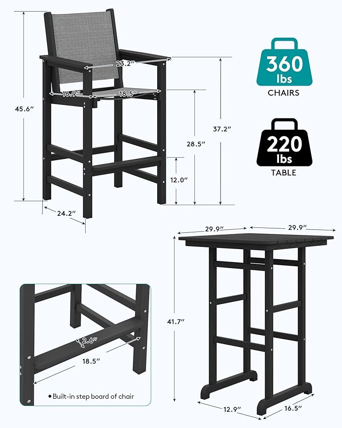 SERWALL Textilene Adirondack Bar Chairs Set of 2, Tall Adirondack Bar Height - Image 3