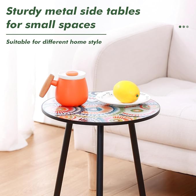 Party Zealot Metal Mosaic Round Side Table Set of Two 13.4" Small Outdoor Patio - Image 5