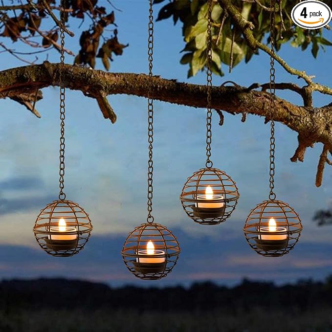 Solar Hanging Lanterns Outdoor Waterproof, Rust Iron Ball Candle Holder by TWINKVILLA