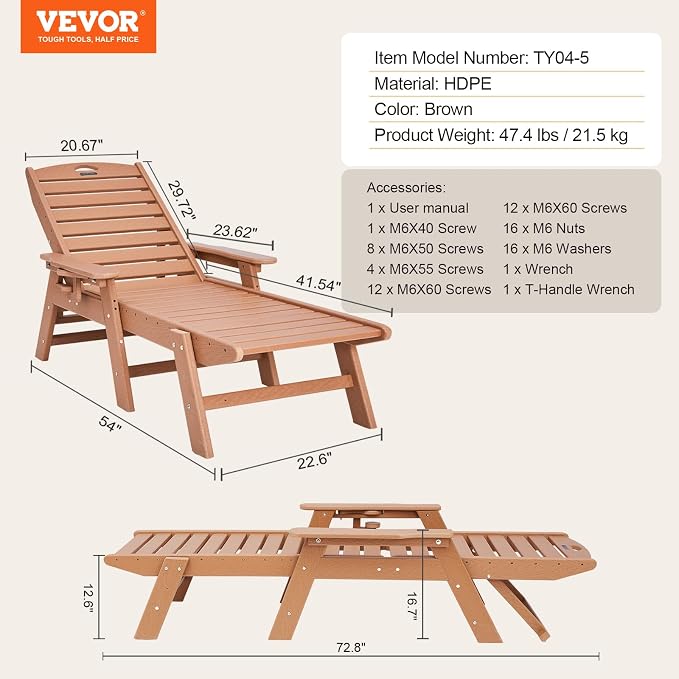 VEVOR Chaise Lounge Chair, 400 lbs Weight Capacity, 6 Positions Adjustable - Image 3
