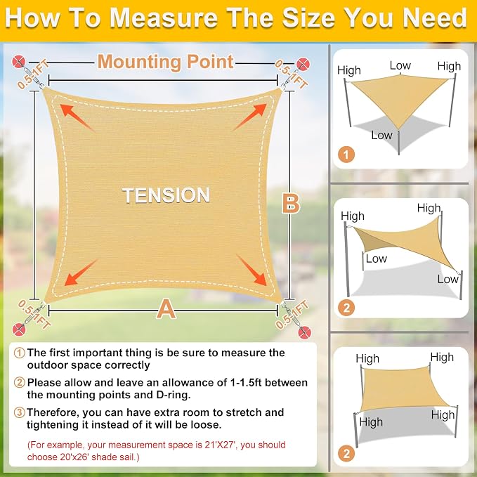 KANAGAWA Sun Shade Sail 16'x20' Sand Rectangle UV Block Canopy Awning Shelter - Image 2