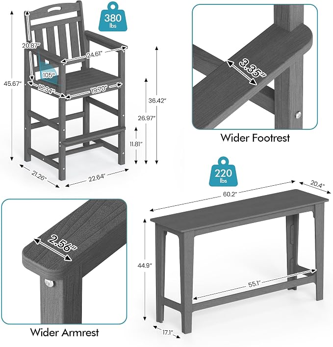 Ciokea 3 Pcs Outdoor Bar Height Table Set, Heavy-Duty All-Weather HDPE Patio - Image 3