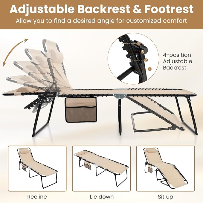 GYMAX Lounge Chairs for Outside, Extra High Folding Beach Tanning Lounger - Image 4