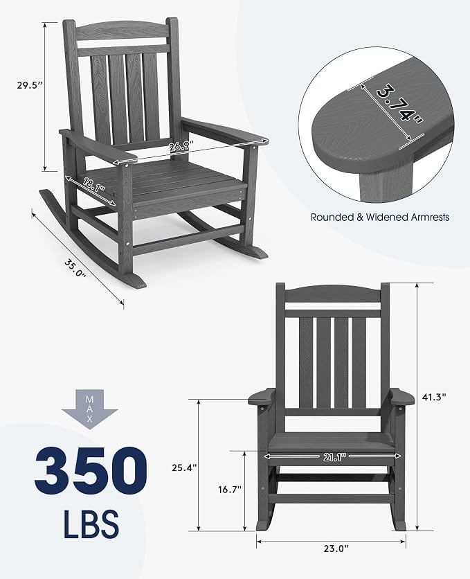 KINGYES Oversized Outdoor Rocking Chair Set of 2, HDPE Patio Rocking Chairs - Image 3