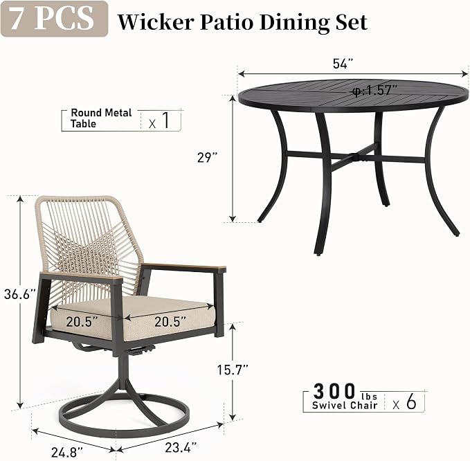 Patio Dining Set 7 Piece, 6 x Woven Rattan Swivel Chairs - Image 4