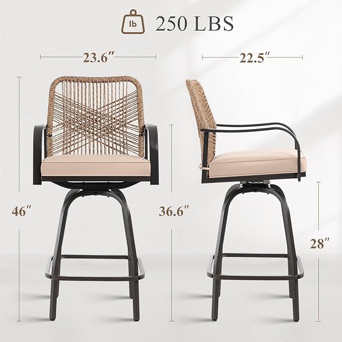Outdoor Bar Stools Set of 4, 360° Swivel Metal Frame, Wicker Patio Bar Height - Image 3