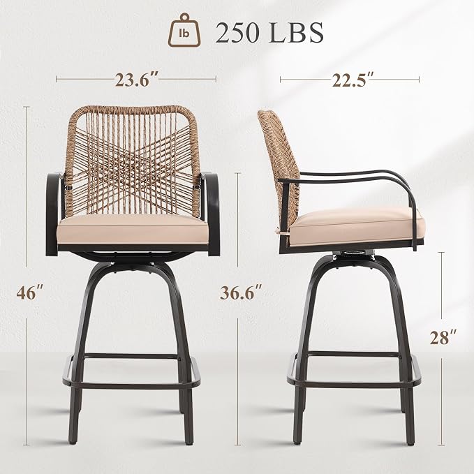 Outdoor Bar Stools Set of 6, 360° Swivel Metal Frame, Wicker Patio Bar Height - Image 3