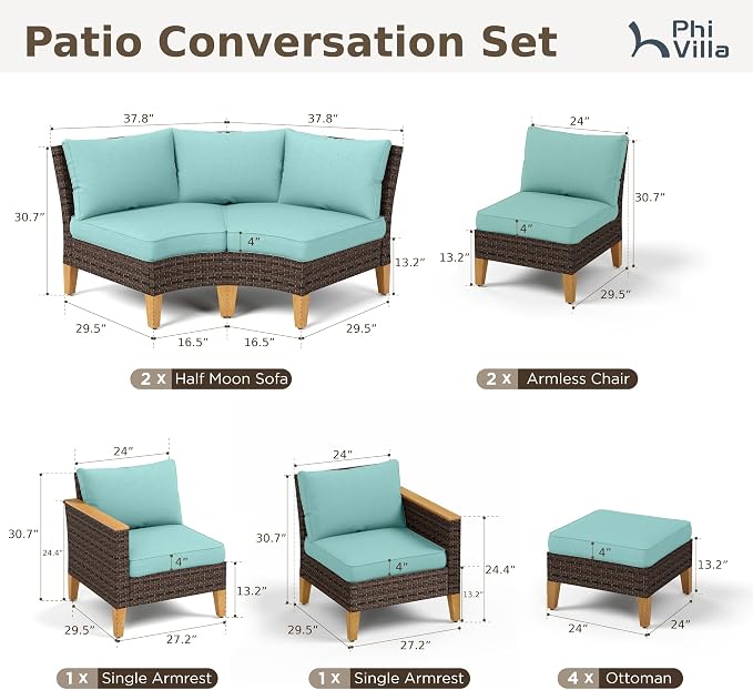 PHI VILLA 10-Piece Wicker Patio Furniture Set, Outdoor Half-Moon Curved - Image 2