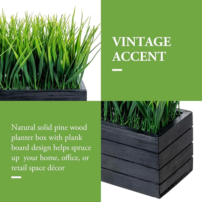 MyGift 14 Inch Artificial Green Grass Plant in Vintage Black Wood Planter - Image 2