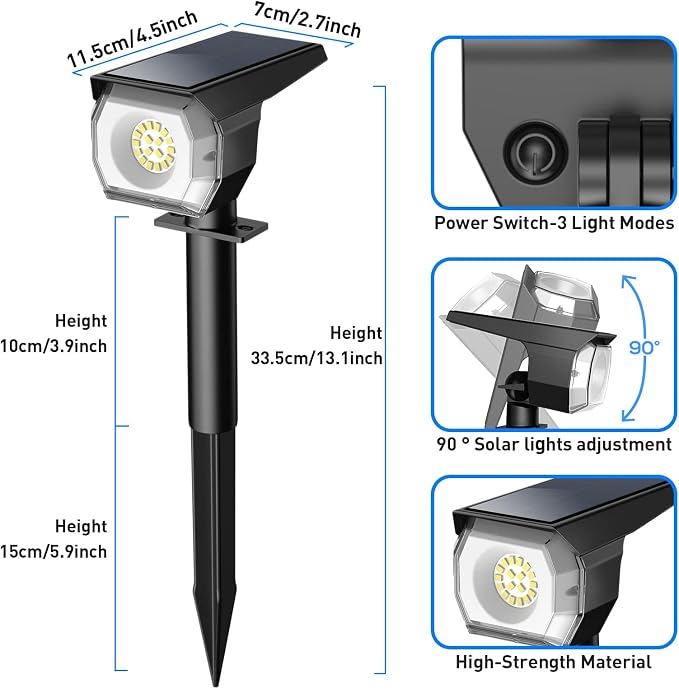 EIUIO Solar Outdoor Lights, 3 Lighting Modes Solar Spot Lights Outdoor - Image 2