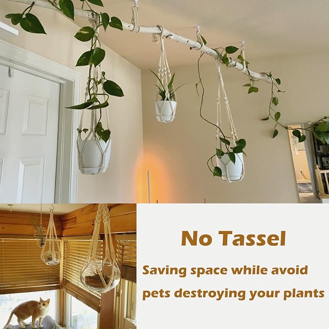 Macrame Plant Hangers with Pots and Saucers, 3 Pack Hanging Planters - Image 4