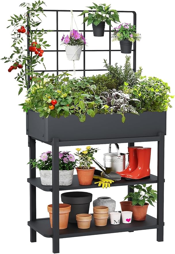 Metal Raised Garden Bed with Trellis & 2-Tier Storage Shelf, Elevated Planter by FOYUEE