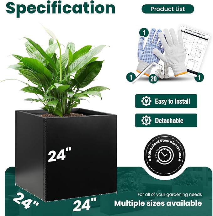 Galvanized Steel Planter Box Black Metal Planter 24Inch Large Square Indoor - Image 3