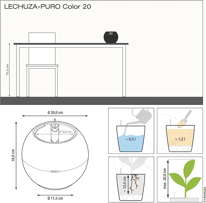 Lechuza Puro Color 20 White, Self-Watering Small Indoor Planter, D7.9 H6.3 in - Image 4