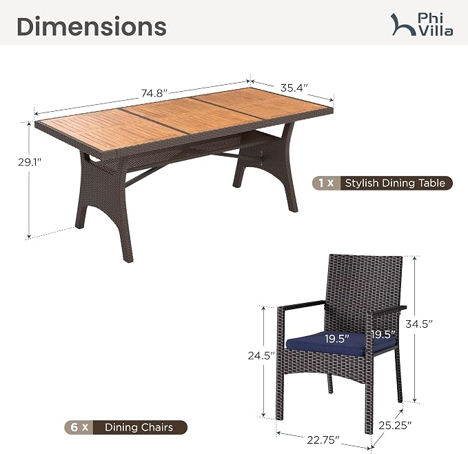 PHI VILLA Outdoor Dining Set for 6, Rectangular Wicker Table - Image 9