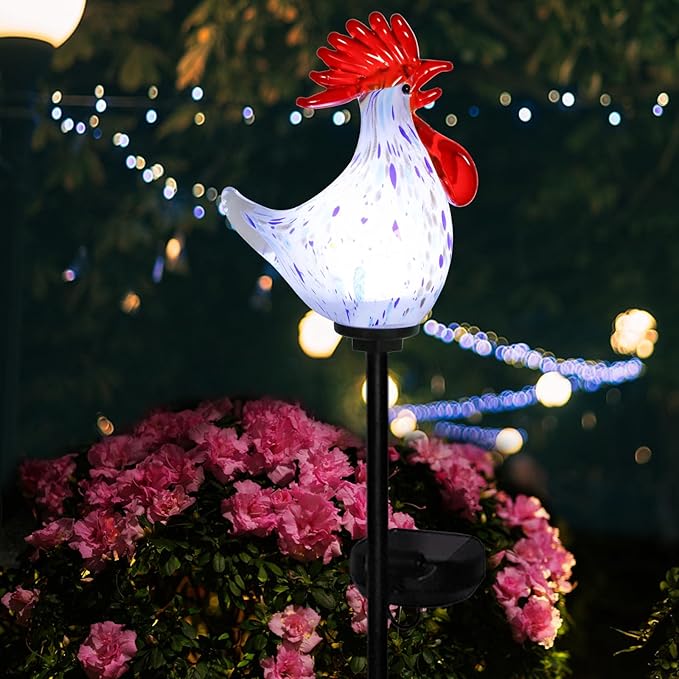 Afirst Decorative Solar Lights Outdoor Solar Rooster Stake Lights Hand Blown - Image 6