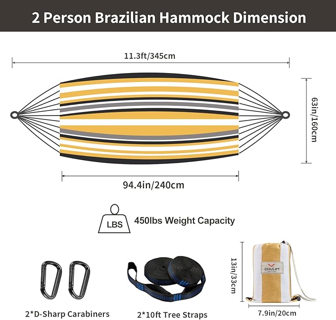 Brazilian Double Hammock with Tree Straps, Extra Large 94x63IN, 2 Persons - Image 3