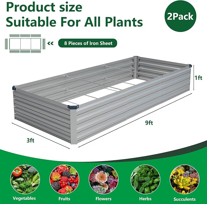 Vengarus 2 Pack 9x3x1FT Galvanized Raised Garden Bed Kit, Outdoor Metal Planter - Image 2