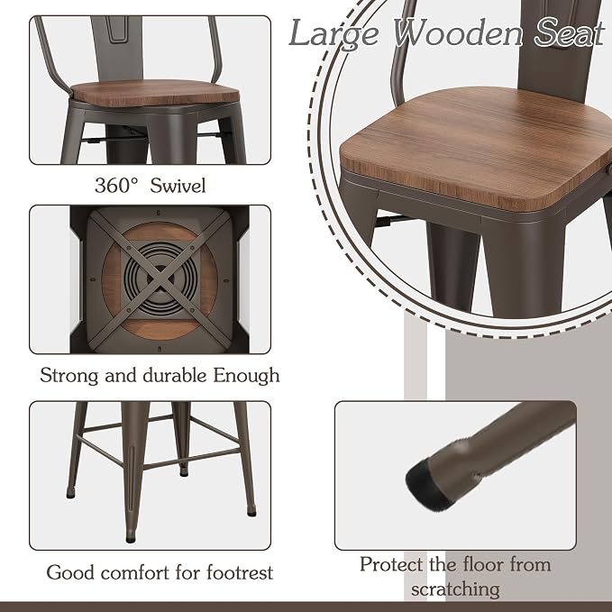 Alunaune 30" Swivel Metal Counter Height Bar Stools Set of 4 High Back - Image 6