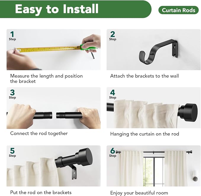 Time Forest Curtain Rods for Windows 32 to 170, 1 Inch Adjustable Black Heavy - Image 9