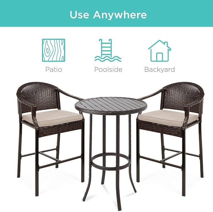 Best Choice Products 3-Piece Patio Bar Table Set, Outdoor Wicker Bar Height - Image 5