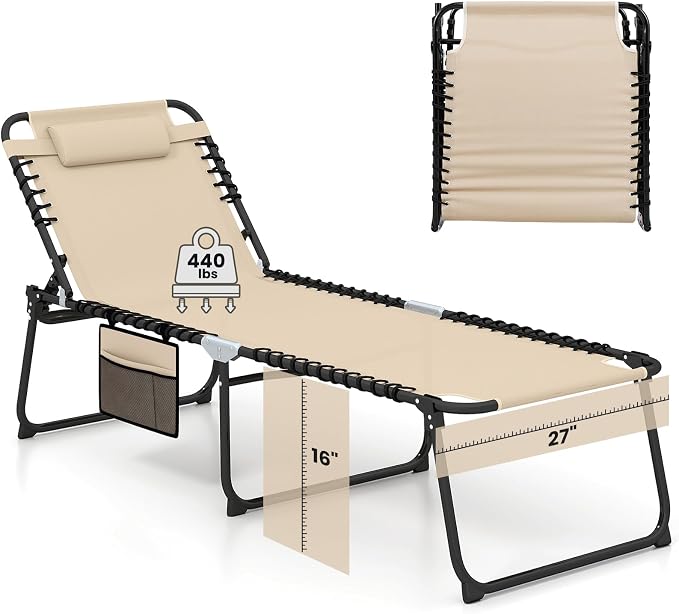 GYMAX Lounge Chair for Outside, 440lbs 27” Oversize Folding Beach Tanning by GYMAX