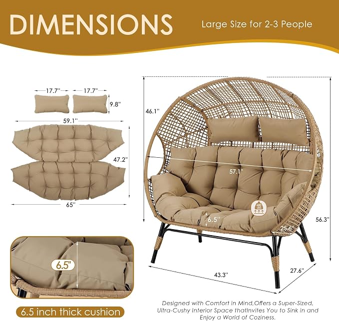 NICESOUL® Double Egg Chair Indoor Outdoor Stationary Oversized Thicken Padded - Image 2
