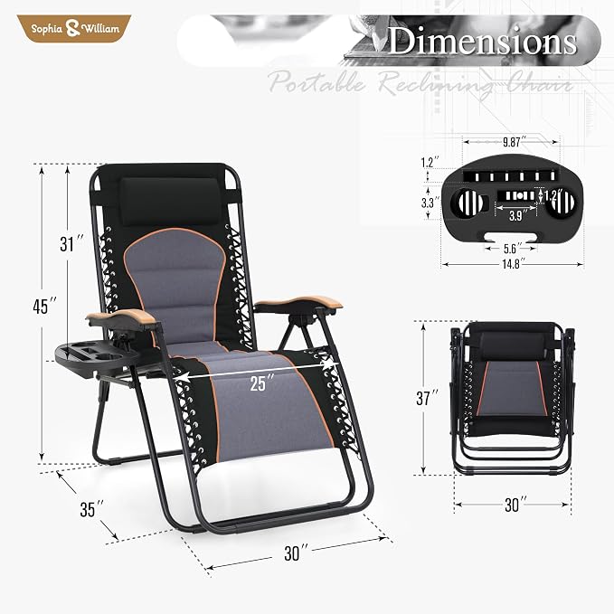 Sophia & William Oversized XXL Zero Gravity Chair Padded, Folding Lounge Chair - Image 3