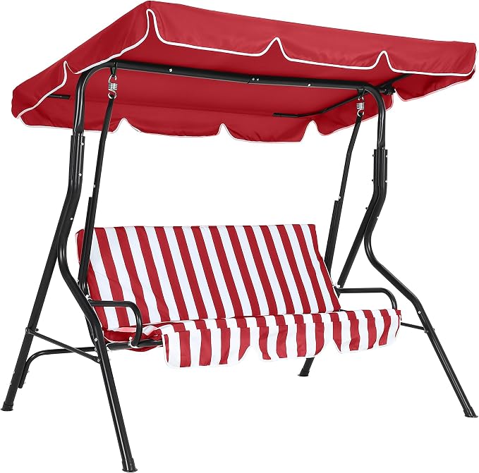 Outdoor Porch Swing Chair with Adjustable Canopy & Striped Seat Cushion by Garvee