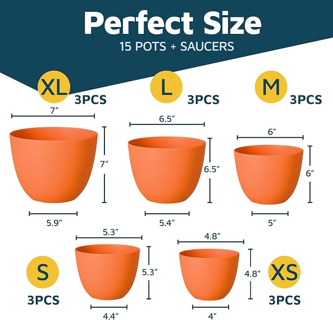 Yellow Plant Pots with Drainage Holes & Saucers 15 Pack, Indoor & Outdoor - Image 2