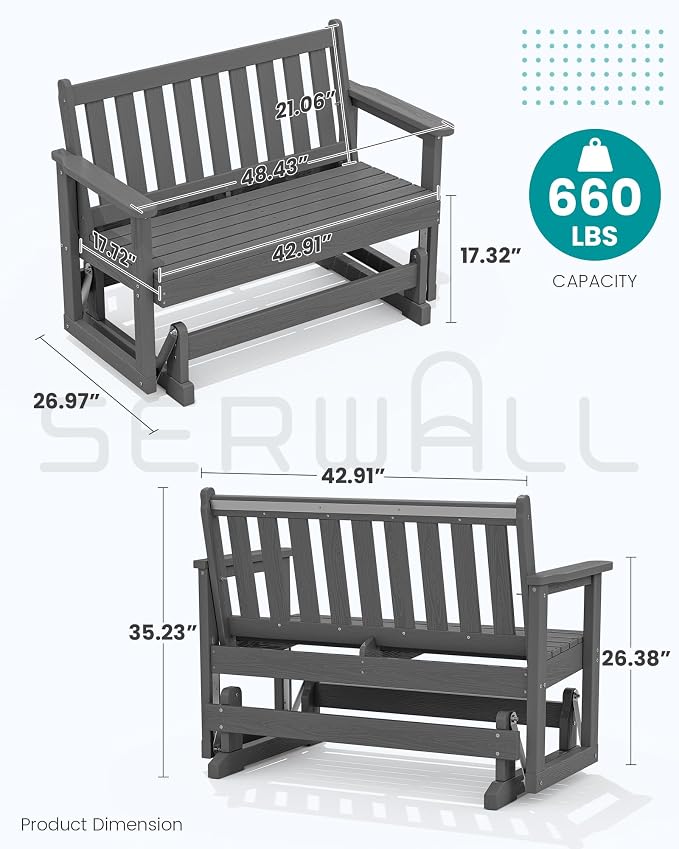 SERWALL Outdoor Glider Bench Set of 4, HDPE Weather-Resistant Swinging Bench - Image 2