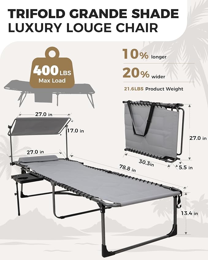KingCamp Oversized Tanning Chair, Extra-Wide Padded Folding Chase Lounge Chairs - Image 3