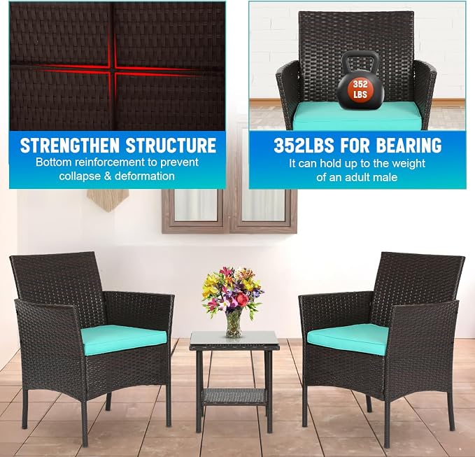 FDW 3 Piece Outdoor Furniture Set Patio Brown Wicker Chairs Furniture Bistro - Image 6