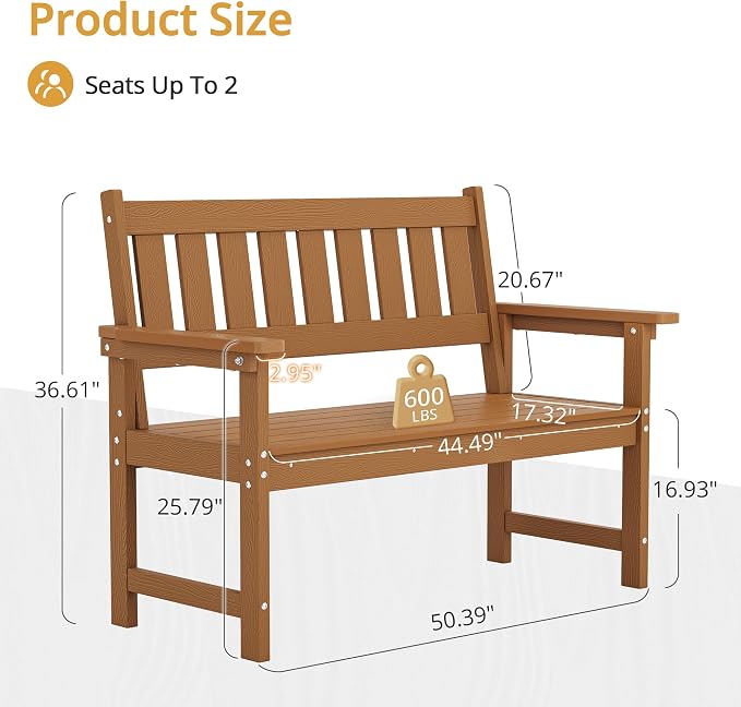 LUE BONA Outdoor Bench, 2-Person HDPS Garden Bench, Outdoor Benches Weatherproof - Image 3