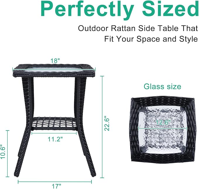 VINGLI Outdoor Side Table with Storage Wicker Patio Side Table, Tempered Glass - Image 3