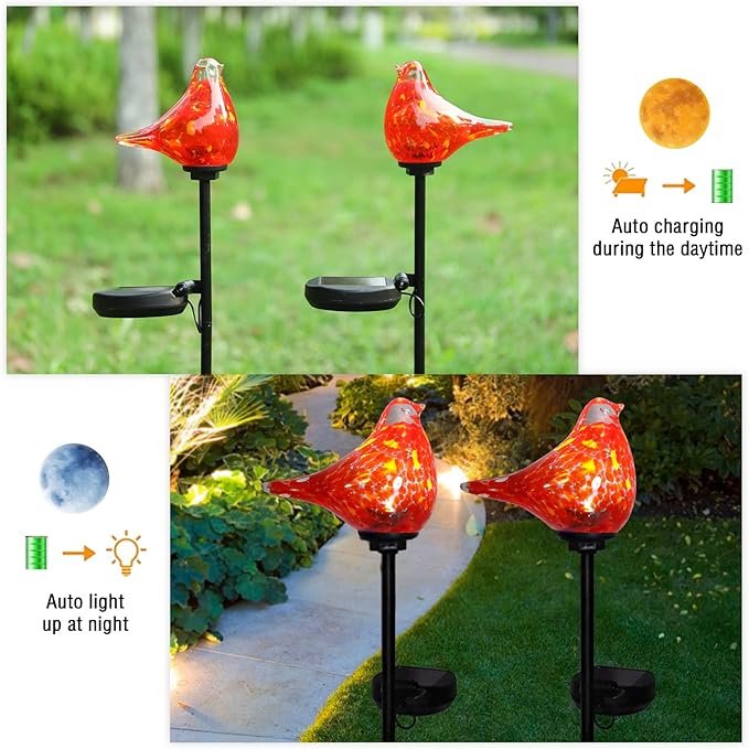 Bshine Solar Garden Decoration Outdoor Cardinal Lights, Hand Blown Glass - Image 3