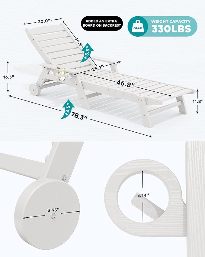 SERWALL Patio Chaise Lounge Chair, Poly Lounge Chair - Image 3