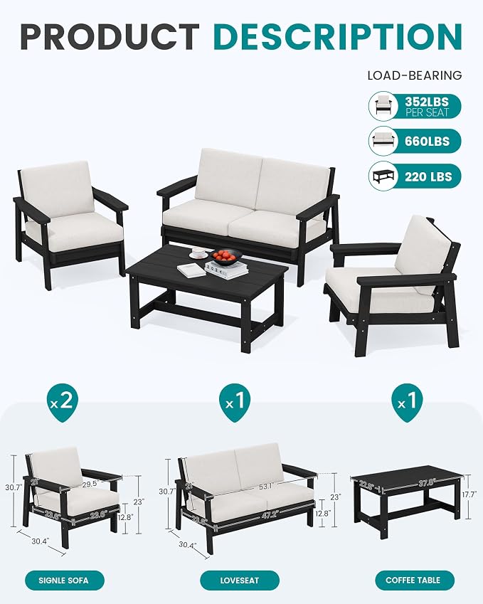 SERWALL HDPE Outdoor Furniture Set, 4 Piece Outdoor Sofa Set - Image 2