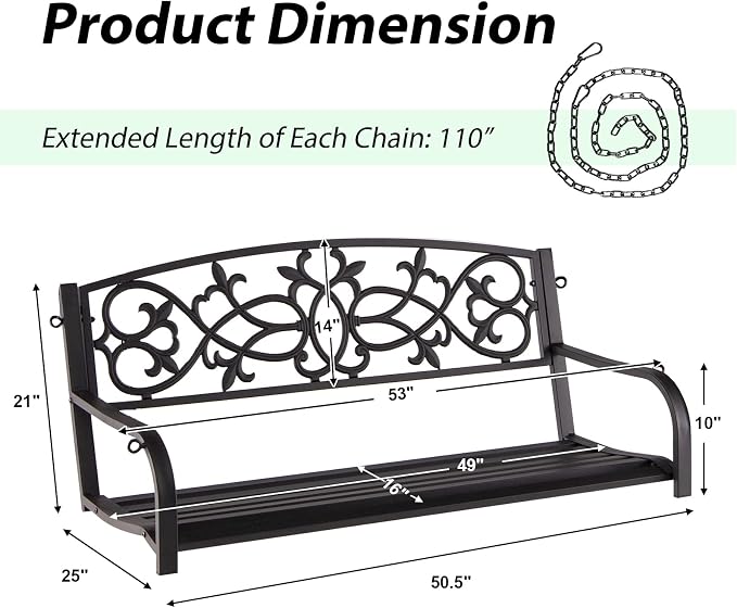 Giantex Patio Metal Porch Swing, 2-Person Hanging Porch Swing Bench - Image 9