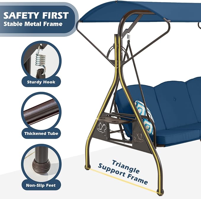 800LBS Patio Swing with Canopy 3 Seat Outdoor Porch Swing with Stand w/Cup - Image 3
