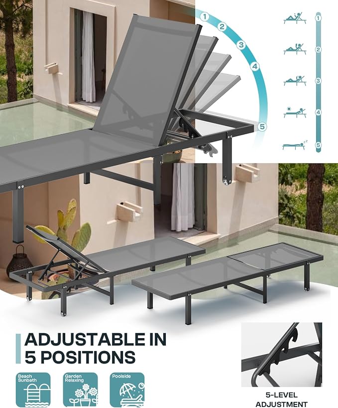 Lounge Chair Outdoor with Wheels, Aluminum Chaise Lounge Outdoor Chair with 5 - Image 4