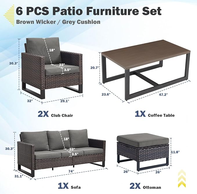 Belord 6 Piece Outdoor Furniture Patio Wicker Sofa Set, Oversize Outdoor Dining - Image 2
