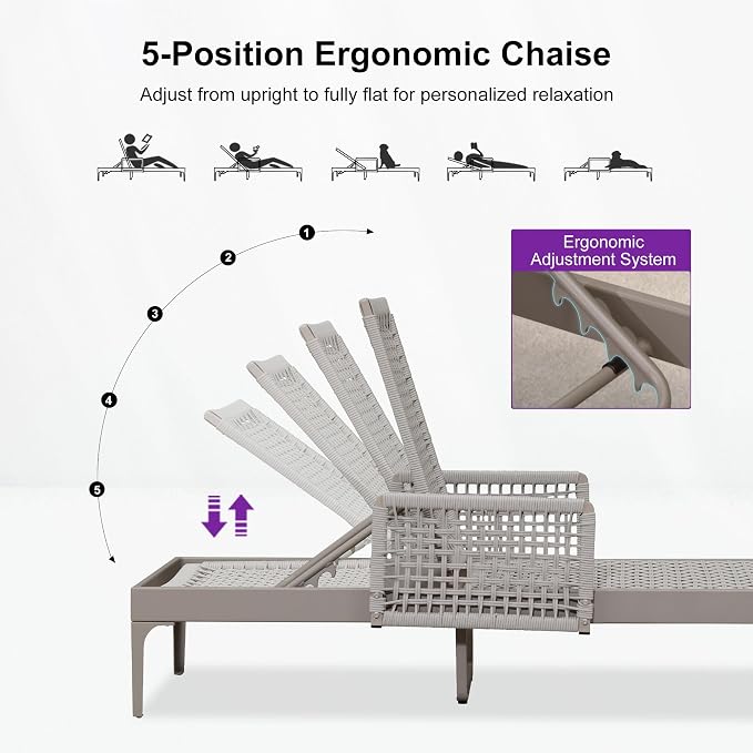 PURPLE LEAF 3 Pieces Outdoor Chaise Lounge Set Rattan Wicker Lounger - Image 2