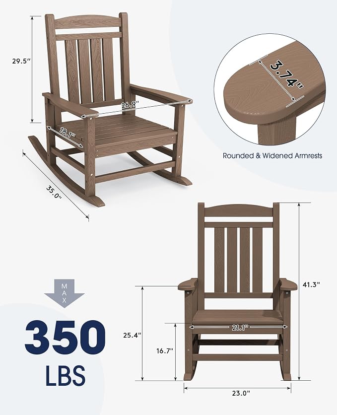 KINGYES HDPE Outdoor Rocking Chair Set of 2, Widened Seat Patio Rocking Chair - Image 3