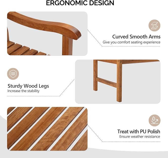 VINGLI 50" Outdoor Wood Bench, Weatehr Resistant Wooden Garden Patio Bench - Image 4